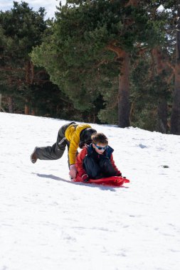 Anne ve babası, çam ağaçlarının arasında, karlı bir tepeden aşağı kırmızı bir kızakla bir çocuğu itiyor.