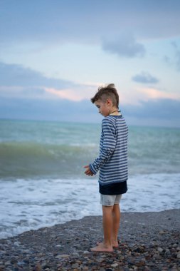 Çakıl taşı plajında duran genç çocuk, gün batımında okyanus dalgalarını gözlemliyor, dingin ve düşünceli bir ruh hali yaratıyor.