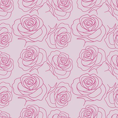 Şablon gül çizgisi çizimi. Açık arkaplanda pembe gül çiçekleri olan zarif, pürüzsüz bir desen. Minimum çiçek tasarımı. Kumaş baskıları, duvar kağıtları, ambalajlar, düğün davetiyeleri, ambalajlar için.