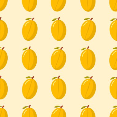 Sarı mangolu kusursuz desen. Parlak tropikal tasarım yaz baskıları, kumaş, ambalaj, duvar kağıdı ve ambalaj kağıdı için mükemmel. Modern ve taze meyve deseni