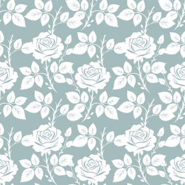 Beyaz siluet güller ve yapraklarla kusursuz çiçek desenleri. Zarif klasik gül tasarımı kumaş, duvar kağıdı ve ev dekorasyonu için mükemmeldir..