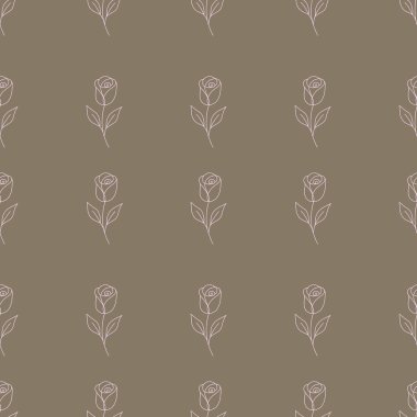 Kahverengi arka planda pembe çizgili güller olan en az pürüzsüz desen. Çiçek deseni. 