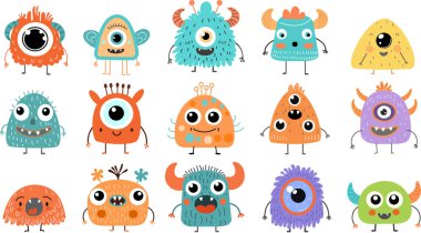 Renkli çizgi film canavarları seti. Birden fazla gözü, boynuzu ve şakacı ifadeleri olan komik fantezi karakterleri. Çocuk tasarımları, çıkartmalar, posterler, yaratıcı projeler için mükemmel..