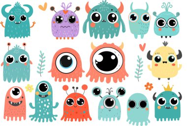 Sevimli renkli çizgi film canavarları ve arkadaş canlısı setler. Çocuk vektör çizimi için komik karakterler