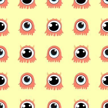 Sarı arka planda sevimli çizgi film canavarları olan kusursuz bir desen. Çocuk tasarımı, kumaşı, duvar kağıdı ve ambalaj kağıdı için oyuncu Tepegöz karakterleri.