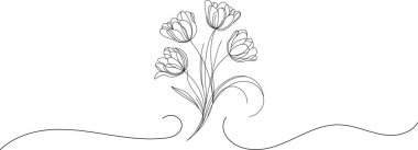 Minimalist lale çiçekleri aralıksız tek sıra halinde sanat tarzında. Beyaz arka planda zarif bir el çizimi, modern duvar sanatı, baskılar, logolar, düğün tasarımı ve markalaşma için ideal..