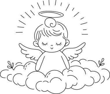 Şirin melek bebek çizgisi çizimi. Kanatları ve halesi olan bebek melek bulutlarda oturuyor. Çocuk tasarımı, baskılar ve dini temalar için basit el çizimi ana hatları.