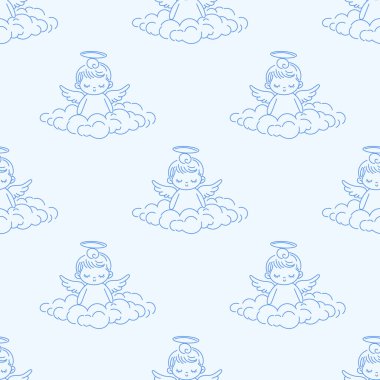 Güzel melek çizgisi olan kusursuz bir desen. Bebek ürünleri, vaftiz, vaftiz, çocuk dekoru, dini temalar, ambalaj kağıdı ve tekstil için yumuşak ve minimal tasarım ideali.
