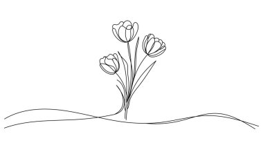 Minimalist tarzda sürekli bir sıra lale buketi. Buket. Laleler. Bahar, düğünler, tebrik kartları ve modern markalar için mükemmel..