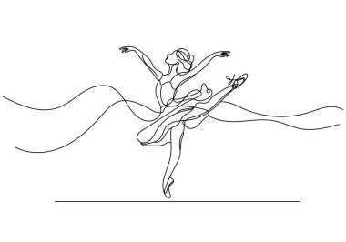 Harekete geçmiş zarif bir sanat balerini. Dans, sanat eserleri, logolar ve modern tasarımlar için minimal siyah ve beyaz çizimler.