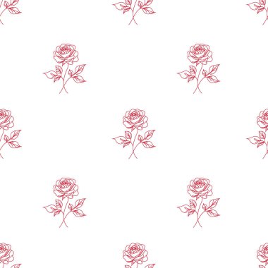Çiçeklerle kusursuz desen. Çiçek deseni. Beyaz zemin üzerinde kırmızı gül çizgisi olan kusursuz desen. Zarif minimalist çiçekli tasarım tekstil, duvar kağıtları ve ambalaj kağıtları için mükemmel.