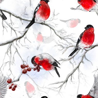 Kırmızı ispinozlu, karlı dallarda böğürtlenli suluboya kış desenleri. Noel tekstili, ambalaj kağıdı, kumaş ve duvar kağıdı tasarımı için el çizimi şenlik arka planı.