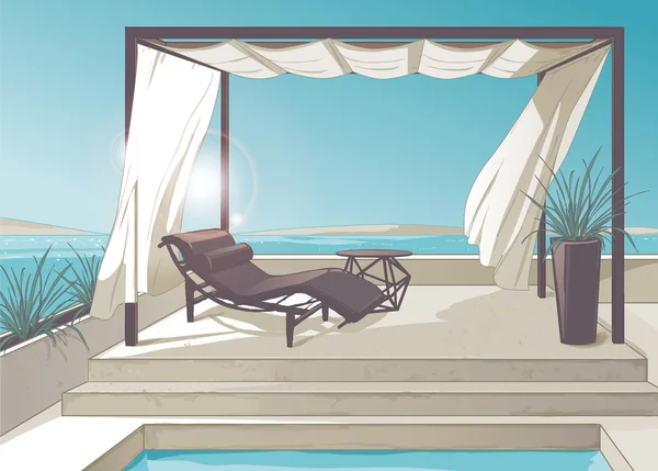 Pergola, piscine, rideaux blancs — Image vectorielle