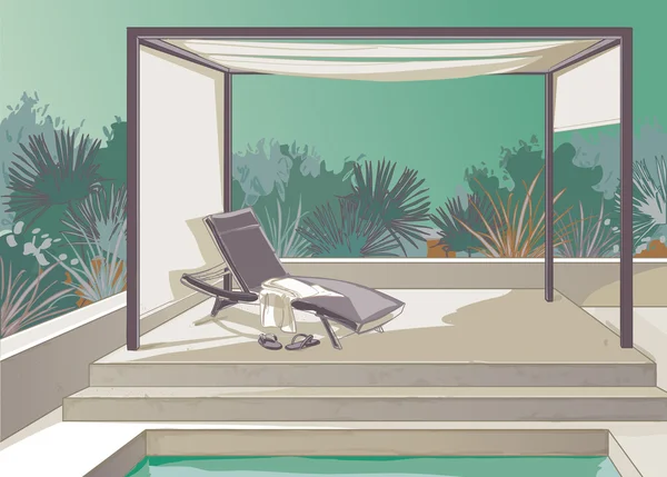 Pérgola, piscina, cortinas blancas — Vector de stock