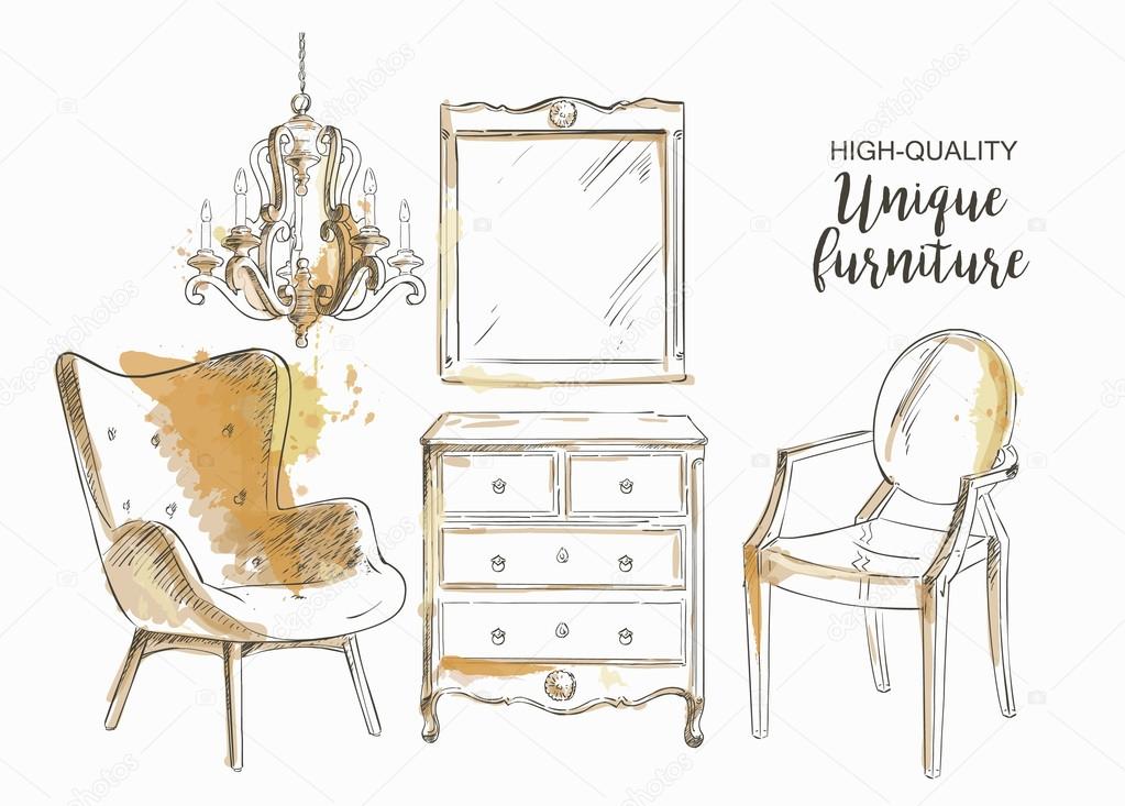 Set of hand drawn furniture and interior detail. Vector illustration in vintage style.