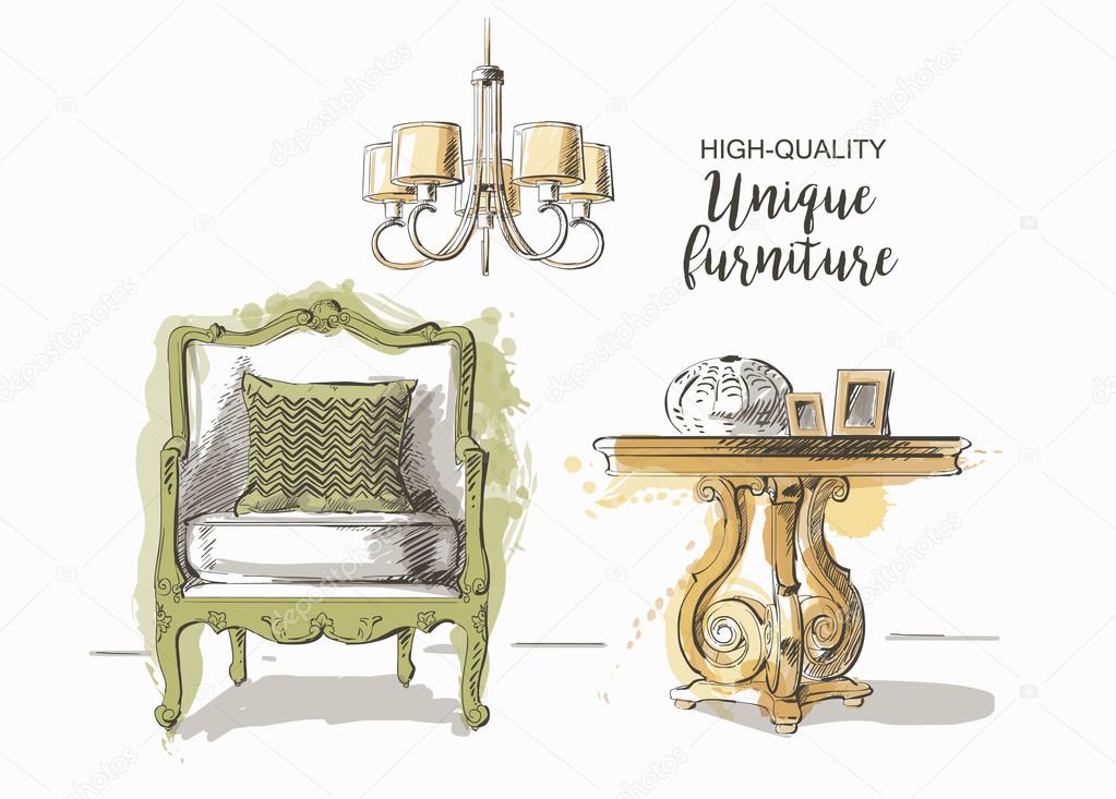 Set of hand drawn elegant antique vintage furniture and interior detail table and chair vector sketch