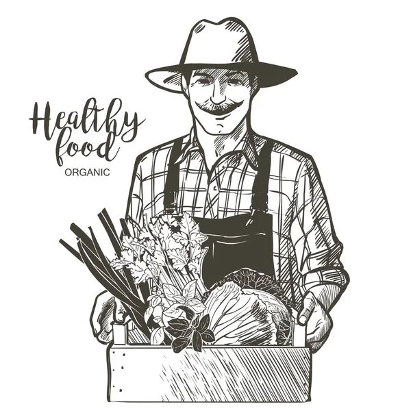 Αγρότης με καπέλο και μουστάκι με καλάθι λαχανικών, φρούτων, μήλων. Άνθρωπος με βιολογικές καλλιέργειες προϊόντων από το αγρόκτημα. Εικονογράφηση Vector vintage γραμμή — Διανυσματικό Αρχείο