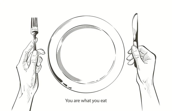 Vektorhänderna håller en kniv och gaffel, tallrik på ett bord. Fasta, svält, kost, viktminskning, hälsosam kost koncept. Bon aptit. Bestick skiss linje ritning siluett realistisk illustration. — Stock vektor