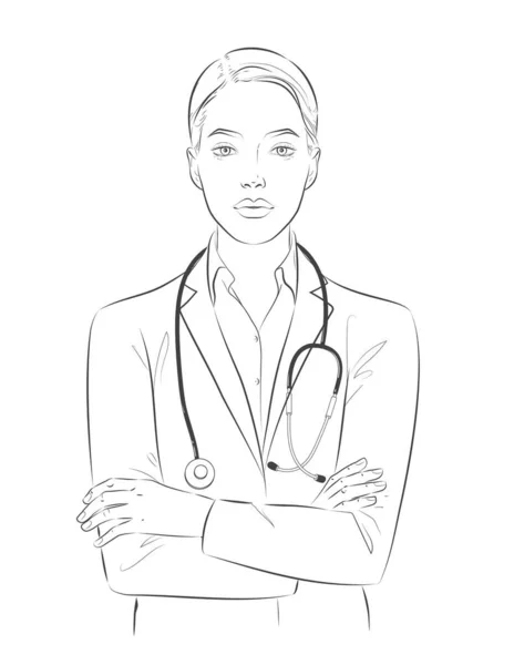 Portrait of Doctor with face mask, medical gloves crossed arms. Female nurse character wearing white coat, stethoscope, protective PPE. Vector sketch line illustration — Stock Vector