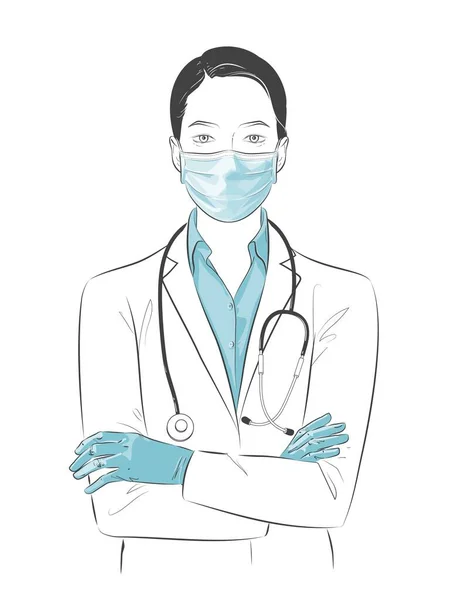 마스크를 쓴 의사의 초상화, 팔을 가로지르는 의료용 장갑. 하얀 코트에 청진기를 두르고 있는 여성 간호사 캐릭터, 보호하는 PPE. 벡터 스케치 선 삽화 — 스톡 벡터