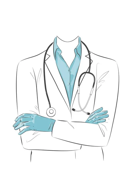 Portret van dokter met gezichtsmasker, medische handschoenen gekruist. Vrouwelijke verpleegster met witte jas, stethoscoop, beschermende PBM. Vector schets lijn illustratie — Stockvector