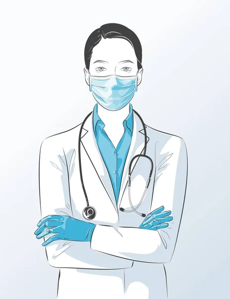 Porträt eines Arztes mit Mundschutz, Handschuhen und verschränkten Armen. Weibliche Krankenschwester in weißem Mantel, Stethoskop, schützender PSA. Vektorskizze Linie Illustration — Stockvektor