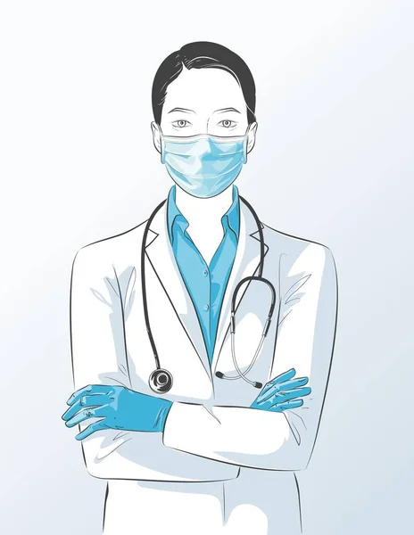 Retrato de Doctor con máscara facial, guantes médicos cruzados de brazos. Enfermera de carácter femenino con abrigo blanco, estetoscopio, PPE protector. Dibujo vectorial línea ilustración — Archivo Imágenes Vectoriales