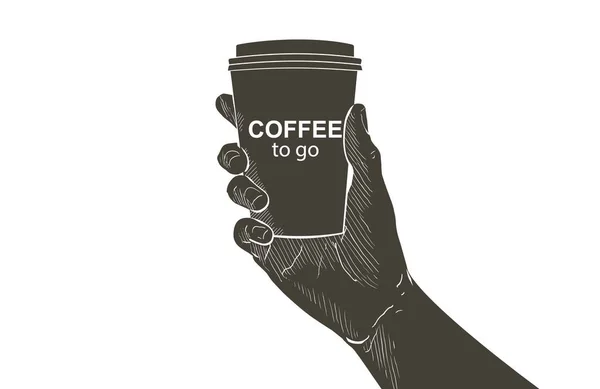 Mano vectorial sosteniendo una taza de papel café caliente para llevar. Beber café expreso capuchino para llevar. Pausa para el café en la cafetería — Vector de stock