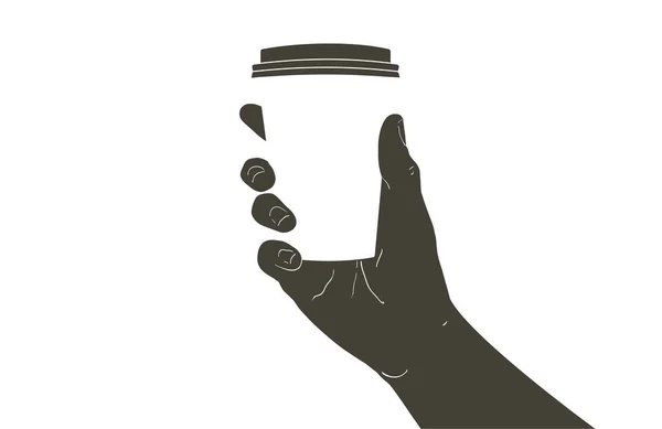 Vector hand Håller en takeaway varm kaffepapper kopp. Dricker cappuccino espresso att ta med. Kaffepaus på caféet — Stock vektor