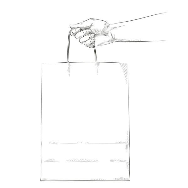 Векторная рука держит коричневый ремесло покупки бумажный пакет. Нарисуй. Оплата онлайн по интернету, концепция. Безопасная доставка курьером заказ. Пакет еды на вынос. Рисунок — стоковый вектор