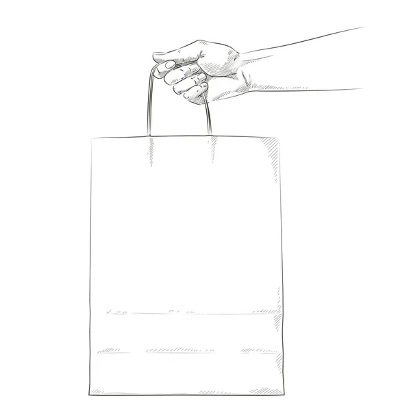 Vector Mano sosteniendo bolsa de papel de compras artesanal marrón. Prepárate. Pagar en línea por Internet, concepto. Servicio de mensajería de entrega segura. Paquete de comida para llevar. Ilustración del boceto — Archivo Imágenes Vectoriales