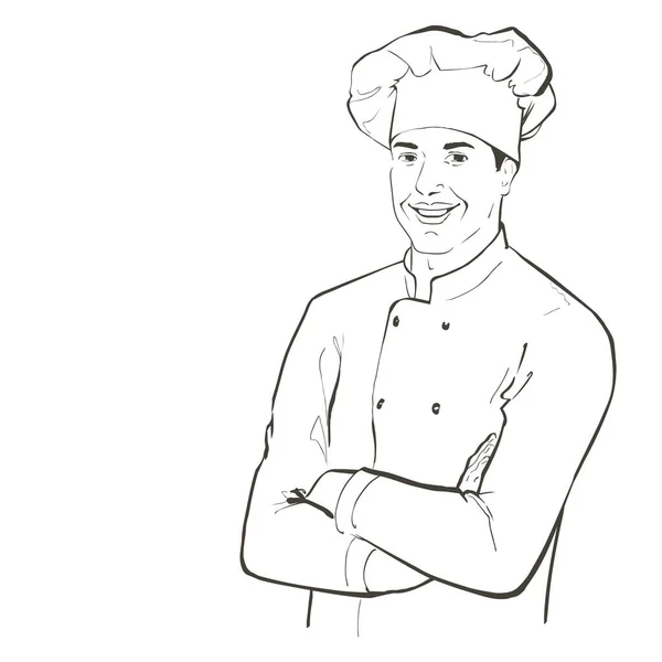 Chef de uniforme de trabalho. sorrindo Baker em um boné de chef na cozinha do restaurante, de pé com os braços cruzados. Desenho de linha vetorial ilustração desenhada à mão vintage realista —  Vetores de Stock