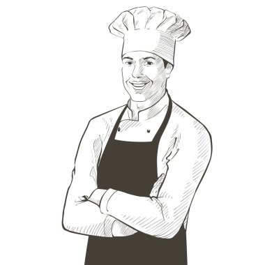 Üniformalı şef. Mutfakta aşçı şapkası takmış gülümseyen Baker kollarını kavuşturmuş duruyordu. Vektör çizgisi çizimi gerçekçi, klasik el çizimi illüstrasyon