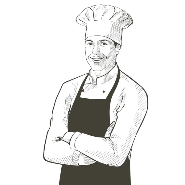 Chef en uniforme de trabajo. sonriendo Baker en una gorra de chef en la cocina del restaurante, de pie con los brazos cruzados. Dibujo de línea vectorial ilustración dibujada a mano vintage realista — Archivo Imágenes Vectoriales