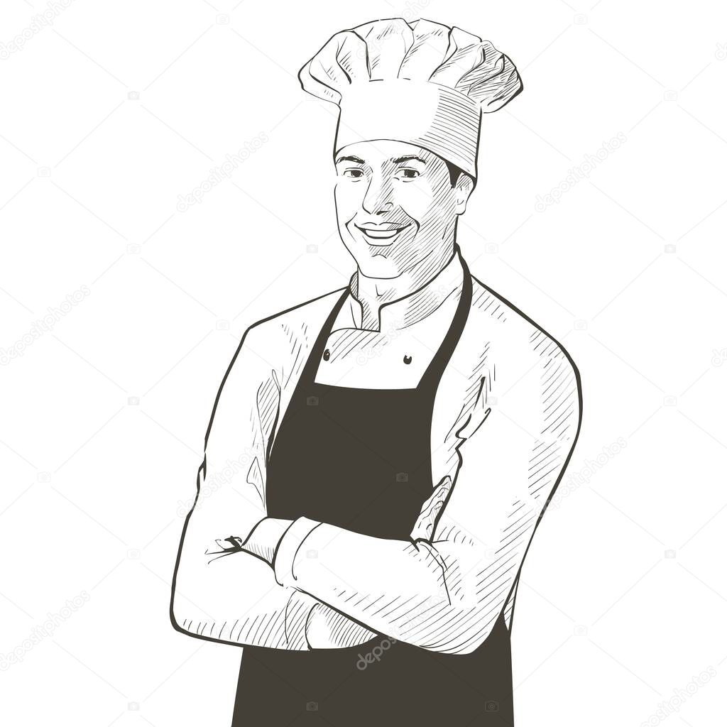 Vector chef in working uniform. Portrait of baker smiling man in a chef cap in the restaurant kitchen, standing with crossed arms. Line sketch realistic vintage hand-drawn illustration