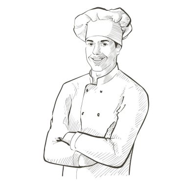 Üniformalı şef. Mutfakta aşçı şapkası takmış gülümseyen Baker kollarını kavuşturmuş duruyordu. Vektör çizgisi çizimi gerçekçi, klasik el çizimi illüstrasyon