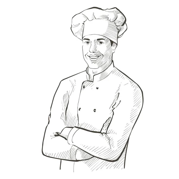 Chef de uniforme de trabalho. sorrindo Baker em um boné de chef na cozinha do restaurante, de pé com os braços cruzados. Desenho de linha vetorial ilustração desenhada à mão vintage realista — Vetor de Stock