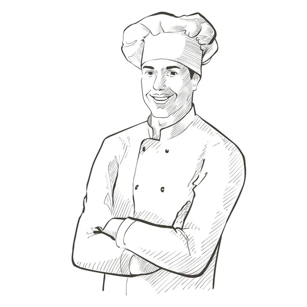 Chef in werkkleding. lachende Baker in een chef-kok pet in de keuken van het restaurant, staande met gekruiste armen. Vector lijn schets realistische vintage met de hand getekend illustratie — Stockvector