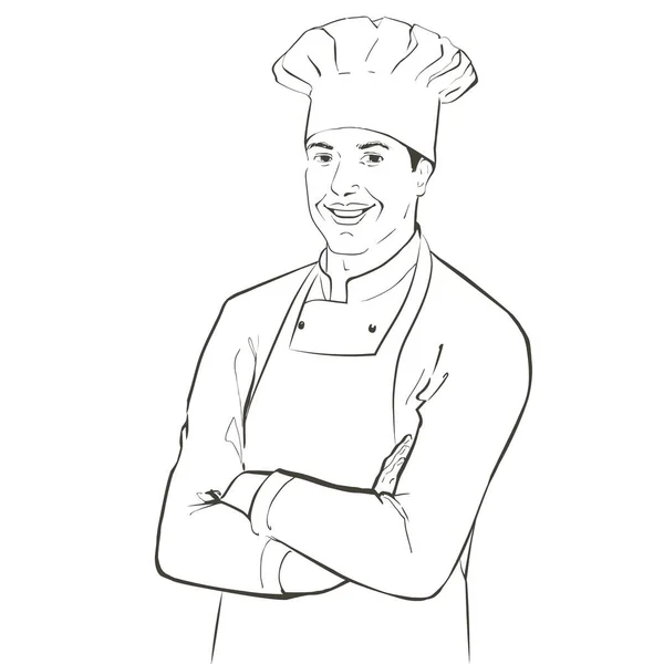 Chef de uniforme de trabalho. sorrindo Baker em um boné de chef na cozinha do restaurante, de pé com os braços cruzados. Desenho de linha vetorial ilustração desenhada à mão vintage realista —  Vetores de Stock