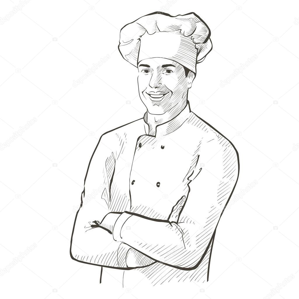 Vector chef in working uniform, black apron, hat. Portrait of baker smiling man in a chef cap in the restaurant kitchen, standing with crossed arms. Line sketch realistic vintage illustration