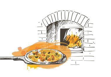 Kürekte vektör pizza, odun ateşinde pişirilmiş fırında. Klasik el çizimi çizimi çizimi çizimi