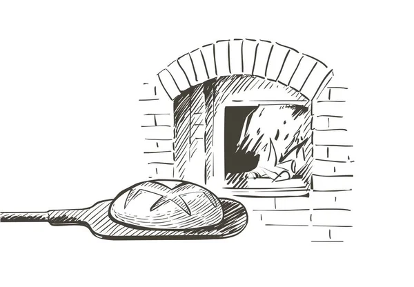 Pão vetorial em uma pá assada em um forno a lenha. Desenho de linha vintage desenho à mão ilustração — Vetor de Stock