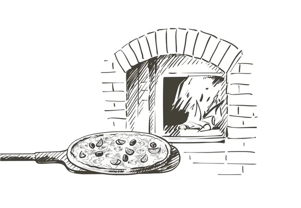 Pizza vetorial numa pá, assada num forno a lenha. vintage desenho à mão linha esboço ilustração — Vetor de Stock