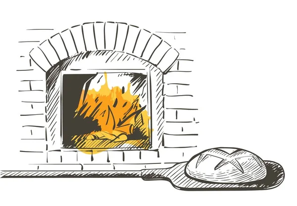 Vector de pan en una pala horneada en un horno de leña. Dibujo de línea vintage ilustración a mano — Vector de stock