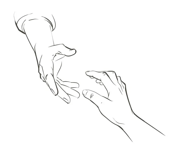 Pomocnou ruku koncept. Gesto, pomoc a naději. Dvě ruce s navzájem. Izolované akvarel, Čárová ilustrace na bílém pozadí. — Stockový vektor