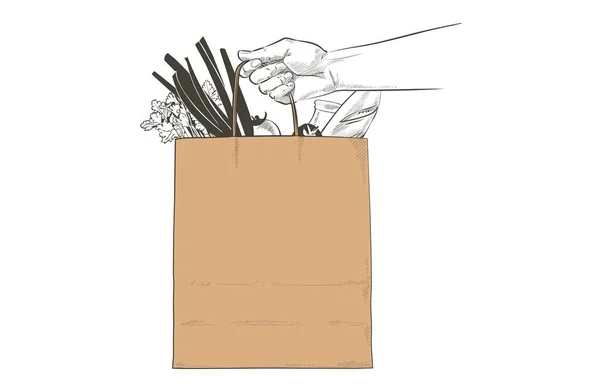 Vector Hand håller bruna hantverk shopping papperspåse. Förlöjliga dig. Betala online via internet, koncept. Säker leverans kurir serviceorder. Matpaket för hämtmat. Skiss illustration — Stock vektor