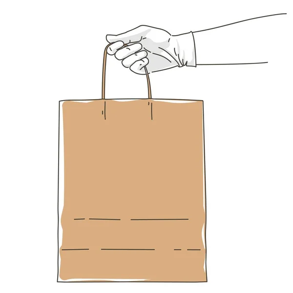 Vector Hand κρατώντας καφέ τσάντα χαρτί ψώνια σκάφος. Mock επάνω. Πληρώστε online μέσω internet, έννοια. Ασφαλής παράδοση courier παραγγελία. Πακέτο γεύματος φαγητού. Εικονογράφηση σκετς — Διανυσματικό Αρχείο