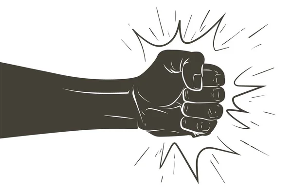 Fist stansning eller slå, framåt punch.Sign, symbol, logotyp, illustration. Stoppa våld mot kvinnor, våld i hemmet. Vector Line skiss realistisk vintage handritad illustration — Stock vektor