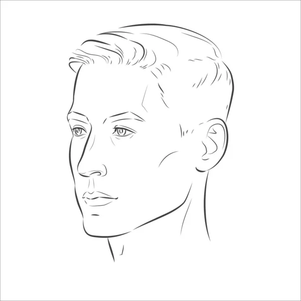 Set of man face portrait three different angles and turns of a male head. Close-up vector line sketch. Different view front, profile, three-quarter of a boy. - Stok Vektor