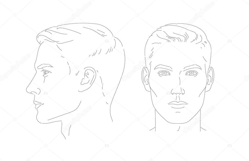 vector Set of man face portrait three different angles and turns of a male head. Close-up line sketch. Different view front, profile, three-quarter of a boy.